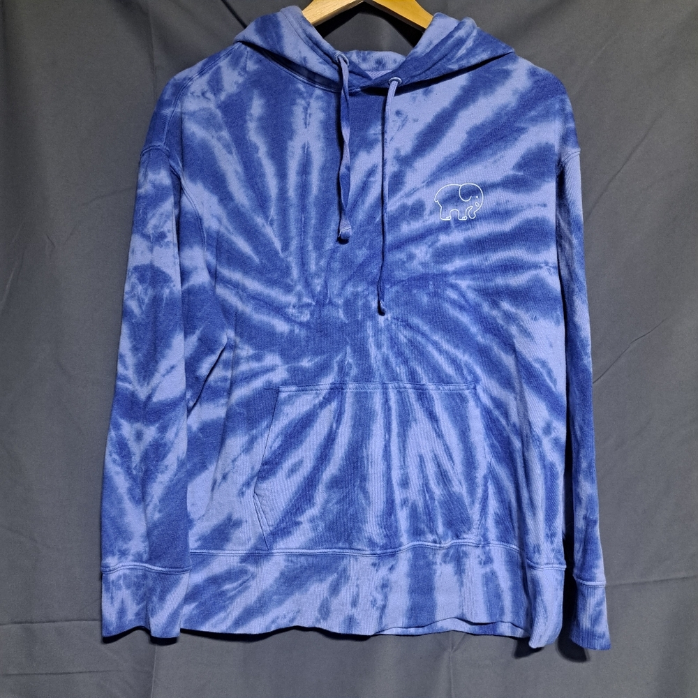IVORY ELLA Womens S Blue Tie Dye Pullover Hoodie Back Logo Elephant